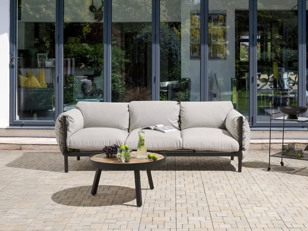 3-sits soffa Trädgårdssoffa i aluminium Svart aluminiumram Ljusgrå dynor i vattenreppelerande tyg