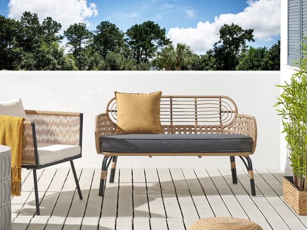 Sofa Grå Natur Kunstrotting 2-seter Sitteputer Flettet rotting Bohemsk stil Hagemøbler Utendørs