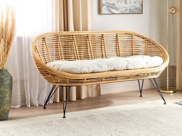 Sohva luonnonväri kahdelle rottinki rautajalat vaalea beige puuvilla pehmuste boho