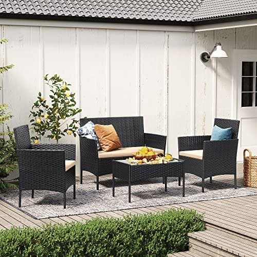 SONGMICS altanhavemøbelsæt, PE polyrattan loungesæt, terrassemøbler, sort taupe