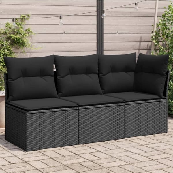vidaXL 3-personers havesofa med hynder polyrattan sort