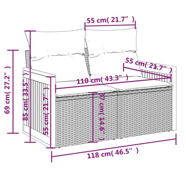 vidaXL 2-personers havesofa med hynder polyrattan sort