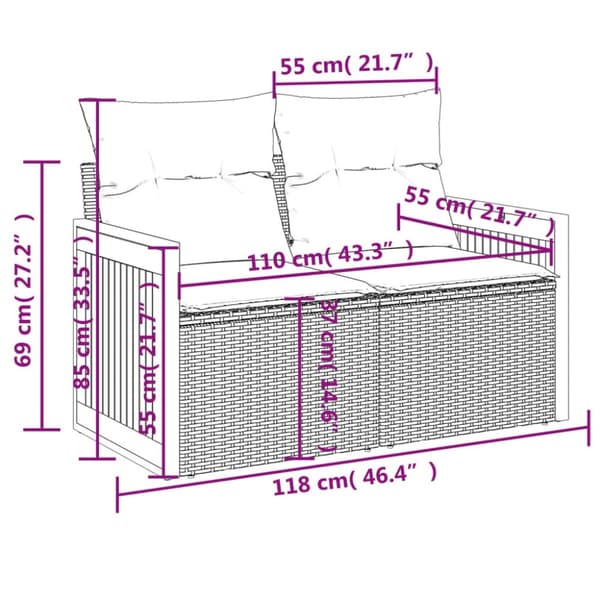 vidaXL 2-personers havesofa med hynder polyrattan sort