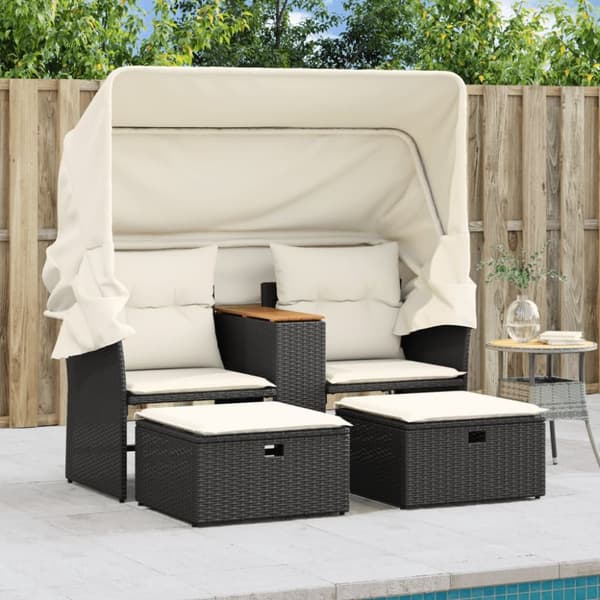 vidaXL 2-personers havesofa med baldakin og skamler polyrattan sort