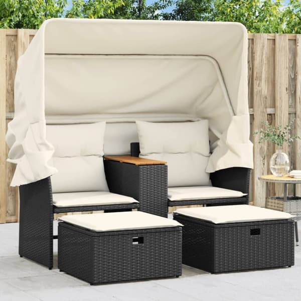 vidaXL 2-personers havesofa med baldakin og skamler polyrattan sort
