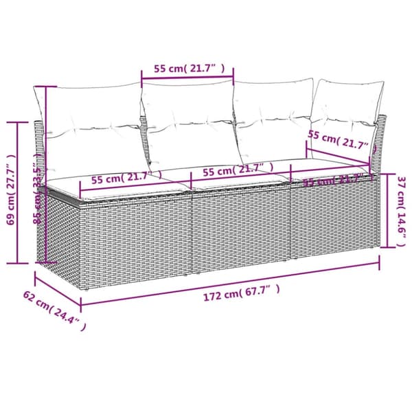 vidaXL 3-personers havesofa med hynder polyrattan grå