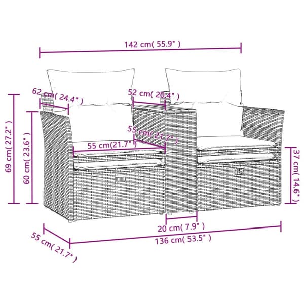 vidaXL 2-personers havesofa med skamler polyrattan sort