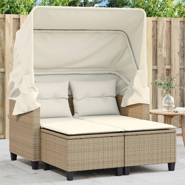 vidaXL 2-personers havesofa med baldakin og skamler polyrattan beige