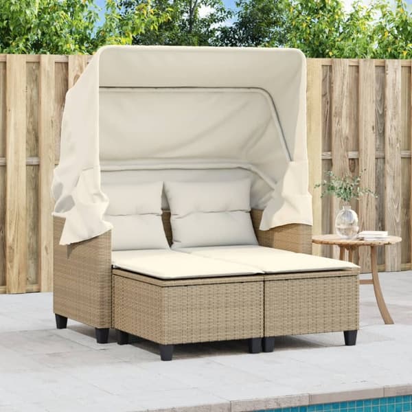 vidaXL 2-personers havesofa med baldakin og skamler polyrattan beige