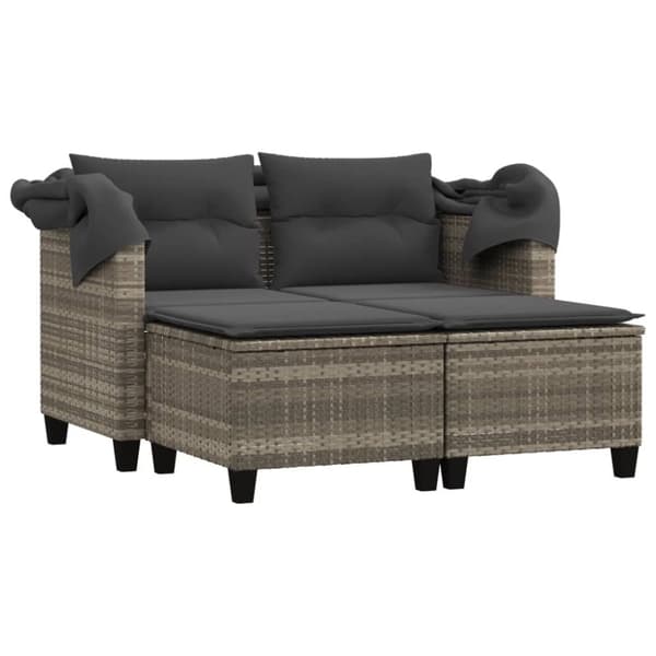 vidaXL 2-personers havesofa med baldakin og skamler polyrattan lysegrå