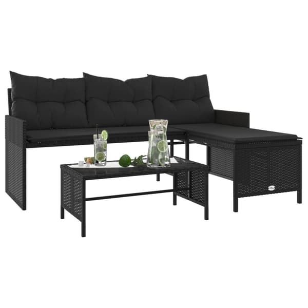 vidaXL Hagesofa med bord og puter L-formet svart polyrotting