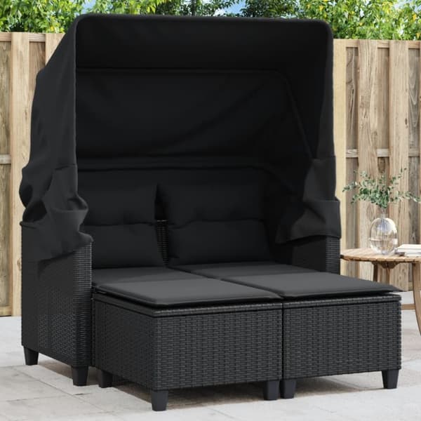 vidaXL 2-personers havesofa med baldakin og skamler polyrattan sort