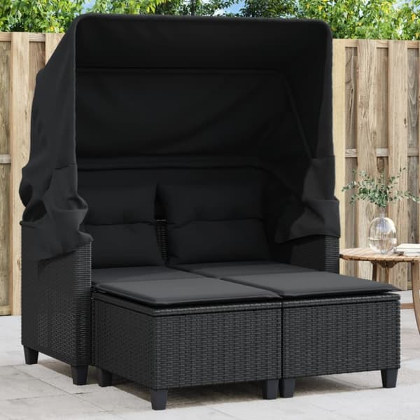 vidaXL 2-personers havesofa med baldakin og skamler polyrattan sort