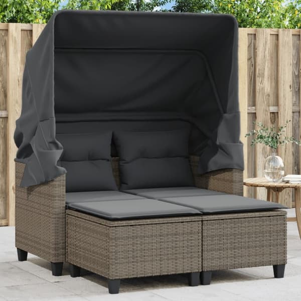 vidaXL 2-personers havesofa med baldakin og skamler polyrattan grå