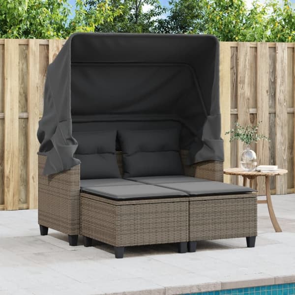 vidaXL 2-personers havesofa med baldakin og skamler polyrattan grå