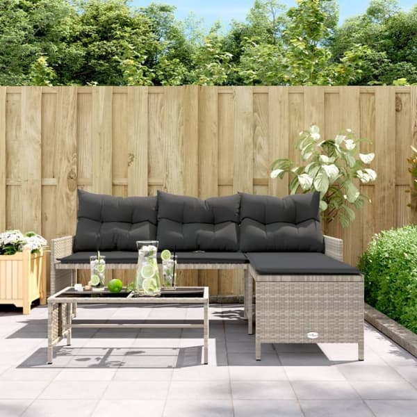 vidaXL havesofa med bord og hynder L-formet polyrattan lysegrå
