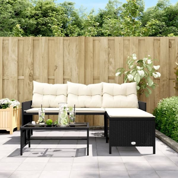 vidaXL Hagesofa med bord og puter L-formet svart polyrotting