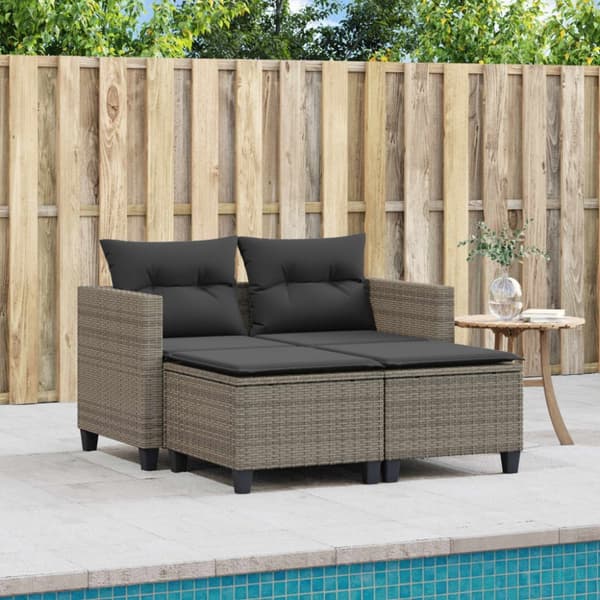 vidaXL 2-personers havesofa med skamler polyrattan grå
