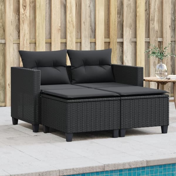 vidaXL 2-personers havesofa med skamler polyrattan sort