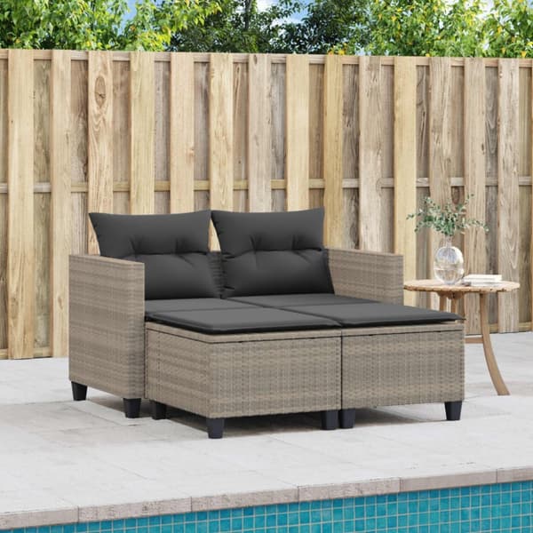 vidaXL 2-personers havesofa med skamler polyrattan lysegrå