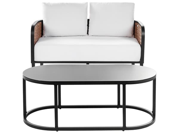 Hagesofa Svart aluminiumsramme Off-White vannavvisende stoffputer 2-seters sett med salongbord