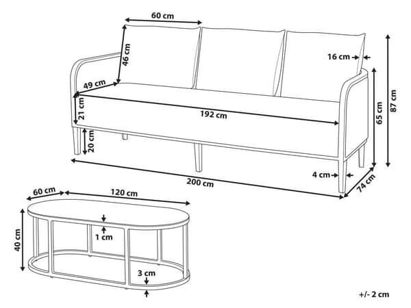 Hagesofa Svart aluminiumsramme Off-White vannavvisende stoffputer 3-seters sett med salongbord
