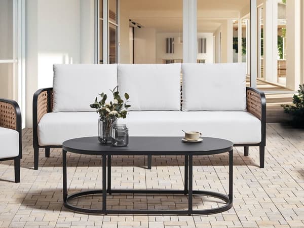Hagesofa Svart aluminiumsramme Off-White vannavvisende stoffputer 3-seters sett med salongbord