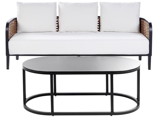 Hagesofa Svart aluminiumsramme Off-White vannavvisende stoffputer 3-seters sett med salongbord