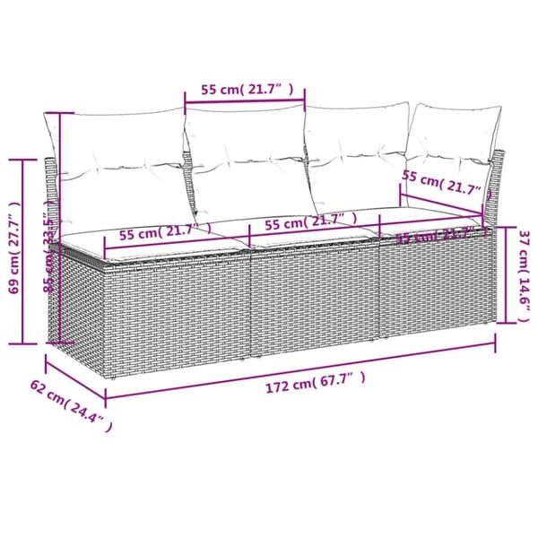 vidaXL 3-personers havesofa med hynder polyrattan brun