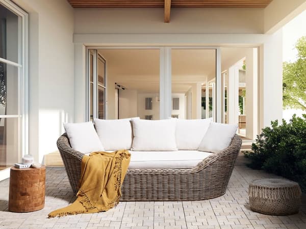 Utendørs daybed Natur Rotting 6 puter i beige farge Bohemsk og tradisjonell stil Hageseng Hagemøbler