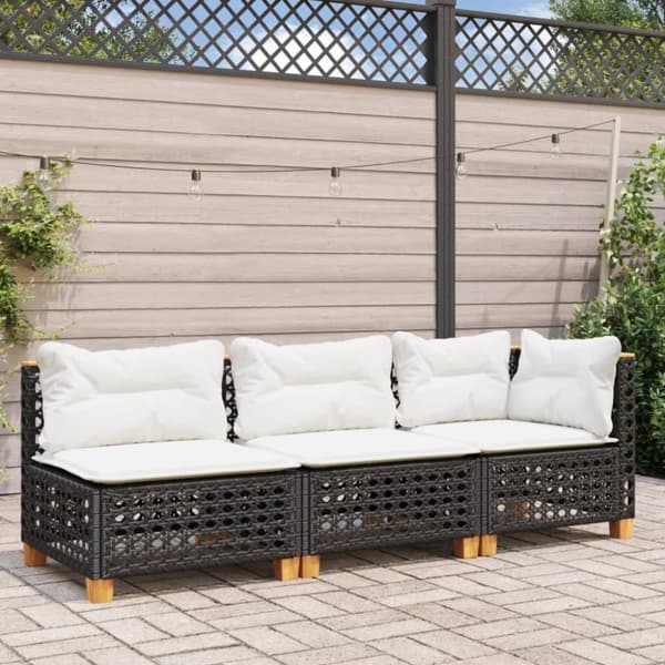vidaXL 3-personers havesofa med hynder polyrattan sort