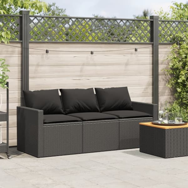 vidaXL 3-personers havesofa med hynder polyrattan sort