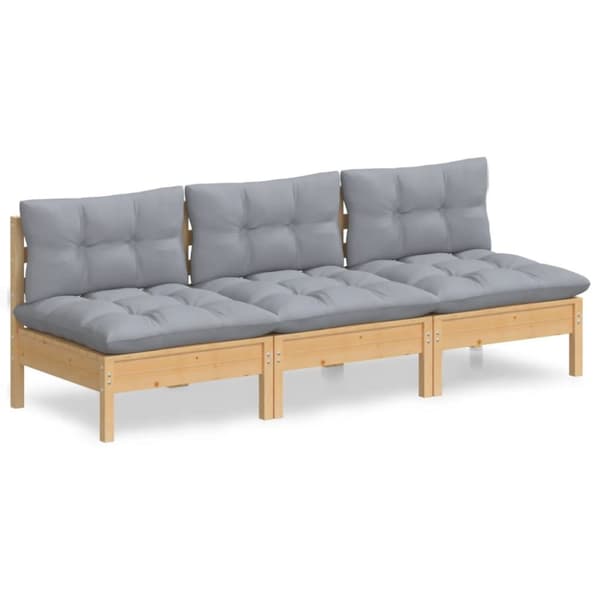 vidaXL 3-personers havesofa med grå hynder massivt fyrretræ -  Udendørs sofaer