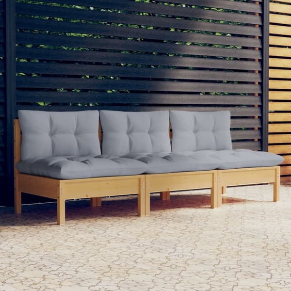 vidaXL 3-personers havesofa med grå hynder massivt fyrretræ -  Udendørs sofaer