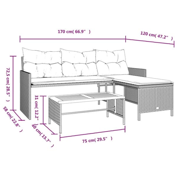 vidaXL havesofa med bord og hynder L-formet polyrattan sort -  Udendørs sofaer