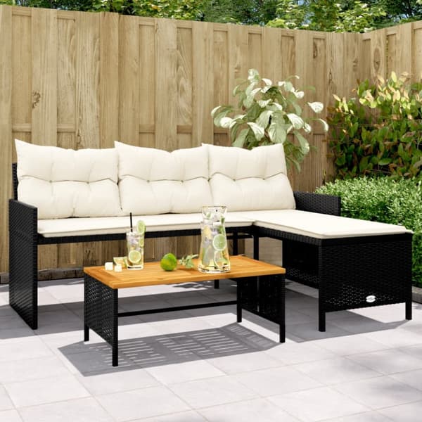 vidaXL havesofa med bord og hynder L-formet polyrattan sort -  Udendørs sofaer