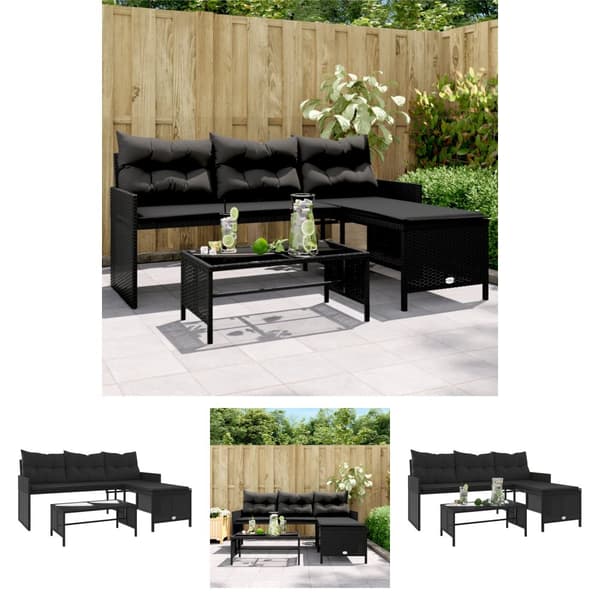The Living Store havesofa med bord og hynder L-formet polyrattan sort - Udendørs sofaer