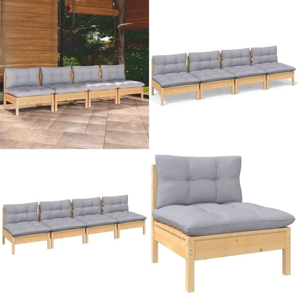 4-personers havesofa med grå hynder massivt fyrretræ - 4-personers Havesofa - 4-personers Havesofaer - Home & Living