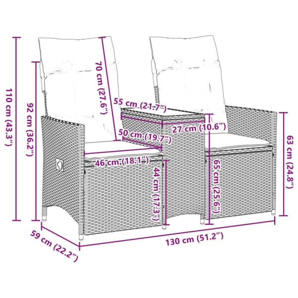 vidaXL 2-personers havesofa med bord og lænefunktion polyrattan sort