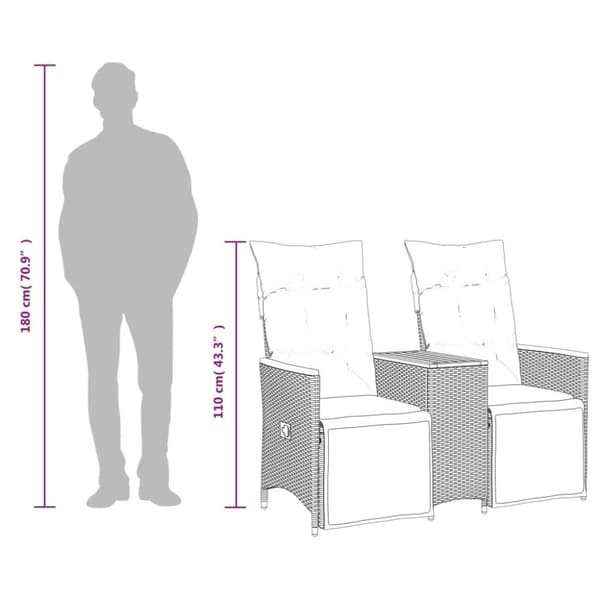vidaXL 2-personers havesofa med bord og lænefunktion polyrattan grå