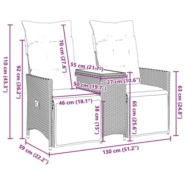 vidaXL 2-personers havesofa med bord og lænefunktion polyrattan grå