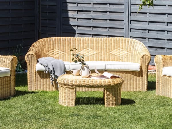 3 seters Hagesofa Naturrotting Hvit Bomullspute Medium Motstand Utendørs Boho Style Hage Uteplass Balkong