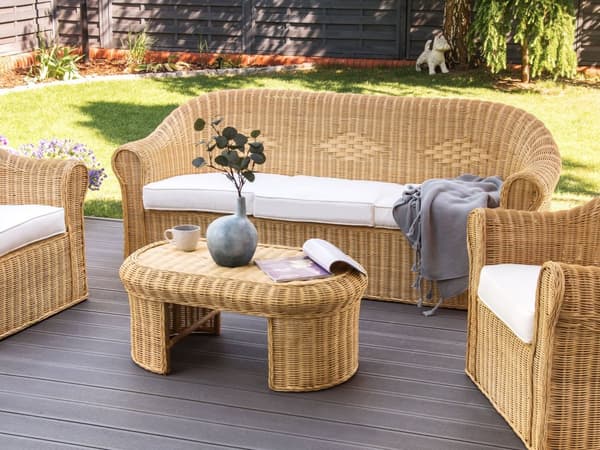 3 seters Hagesofa Naturrotting Hvit Bomullspute Medium Motstand Utendørs Boho Style Hage Uteplass Balkong