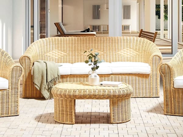 3 seters Hagesofa Naturrotting Hvit Bomullspute Medium Motstand Utendørs Boho Style Hage Uteplass Balkong