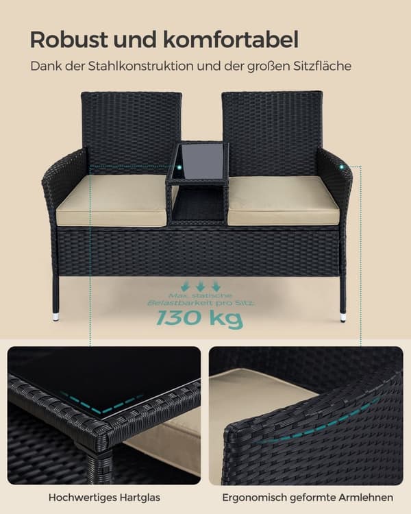 Rootz Havesofasæt - Udendørs Loveseat - Terrassemøbler - Stålstel - PE-flet - Skumpuder - Bordplade af hærdet glas - Sort-Taupe - 65cm x 131cm x 84cm