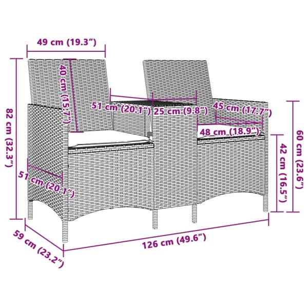 vidaXL 2-personers havesofa med bord og hynder polyrattan beige