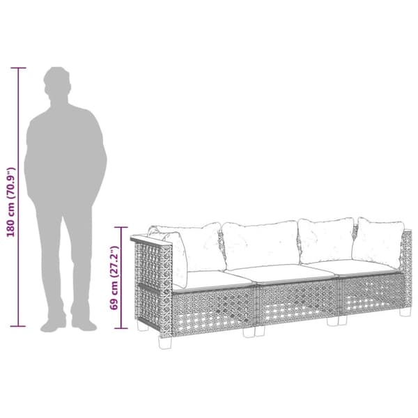 vidaXL 3-personers havesofa med hynder polyrattan grå