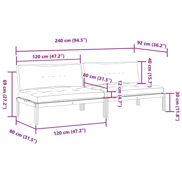 vidaXL midtermoduler til pallesofa 2 stk. med hynder massivt akacietræ