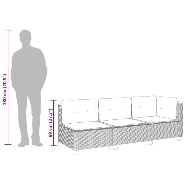 vidaXL 3-personers havesofa med hynder polyrattan sort
