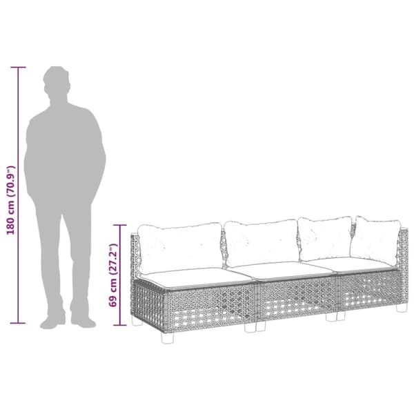 vidaXL 3-personers havesofa med hynder polyrattan grå